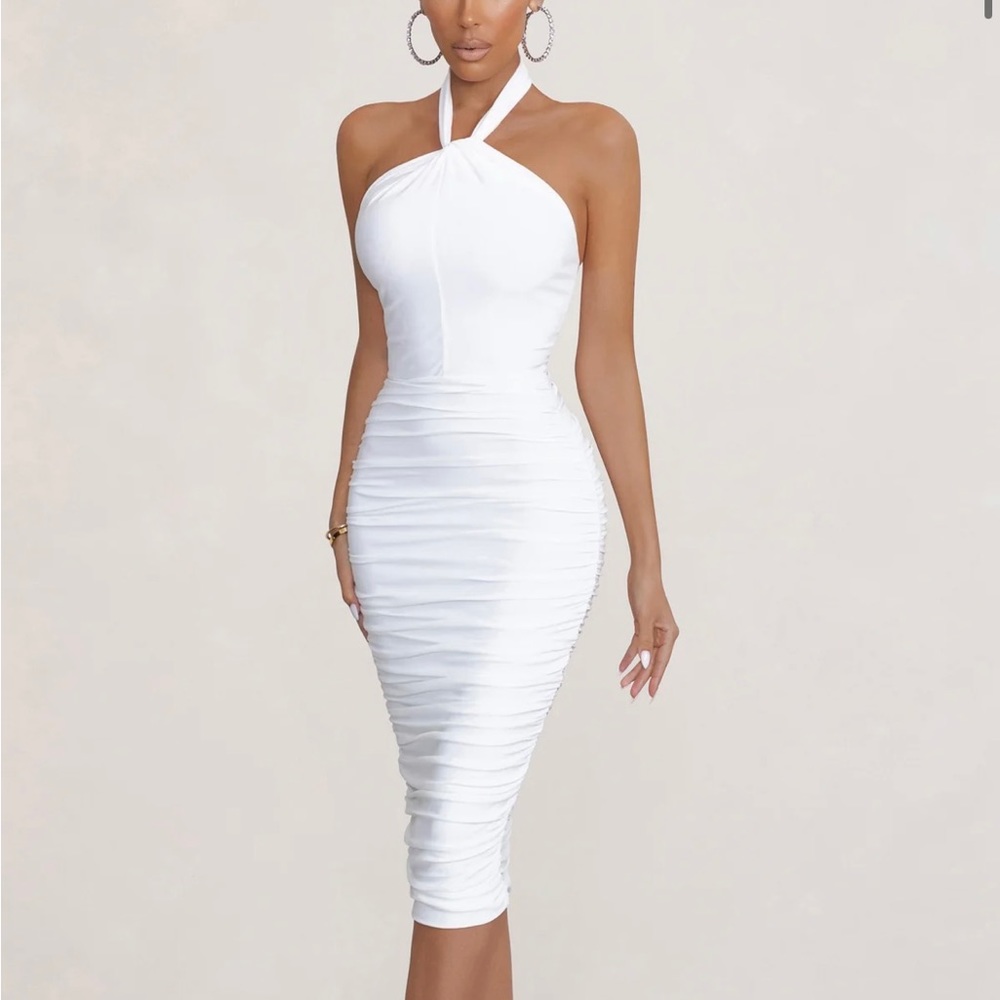 White halter neck knot midi dress.